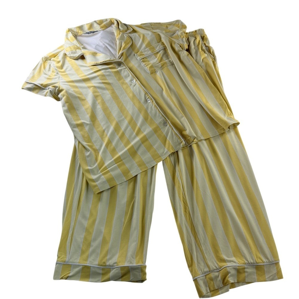LOFT Sleep wear women's drawstring 2 piece top pants Yellow Stripe pajamas set L